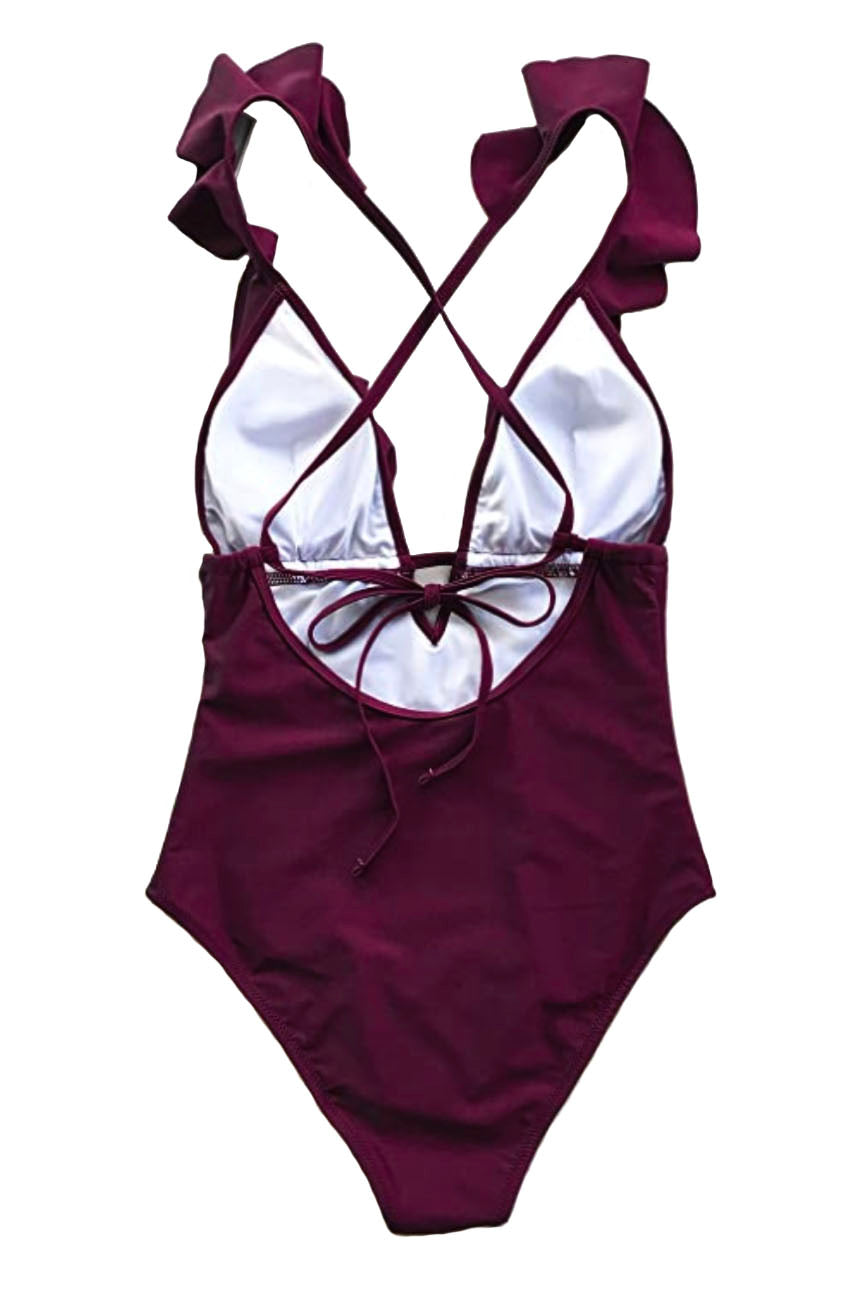 Sevawnus One Piece Ruffle V Top Swimsuit Bikini